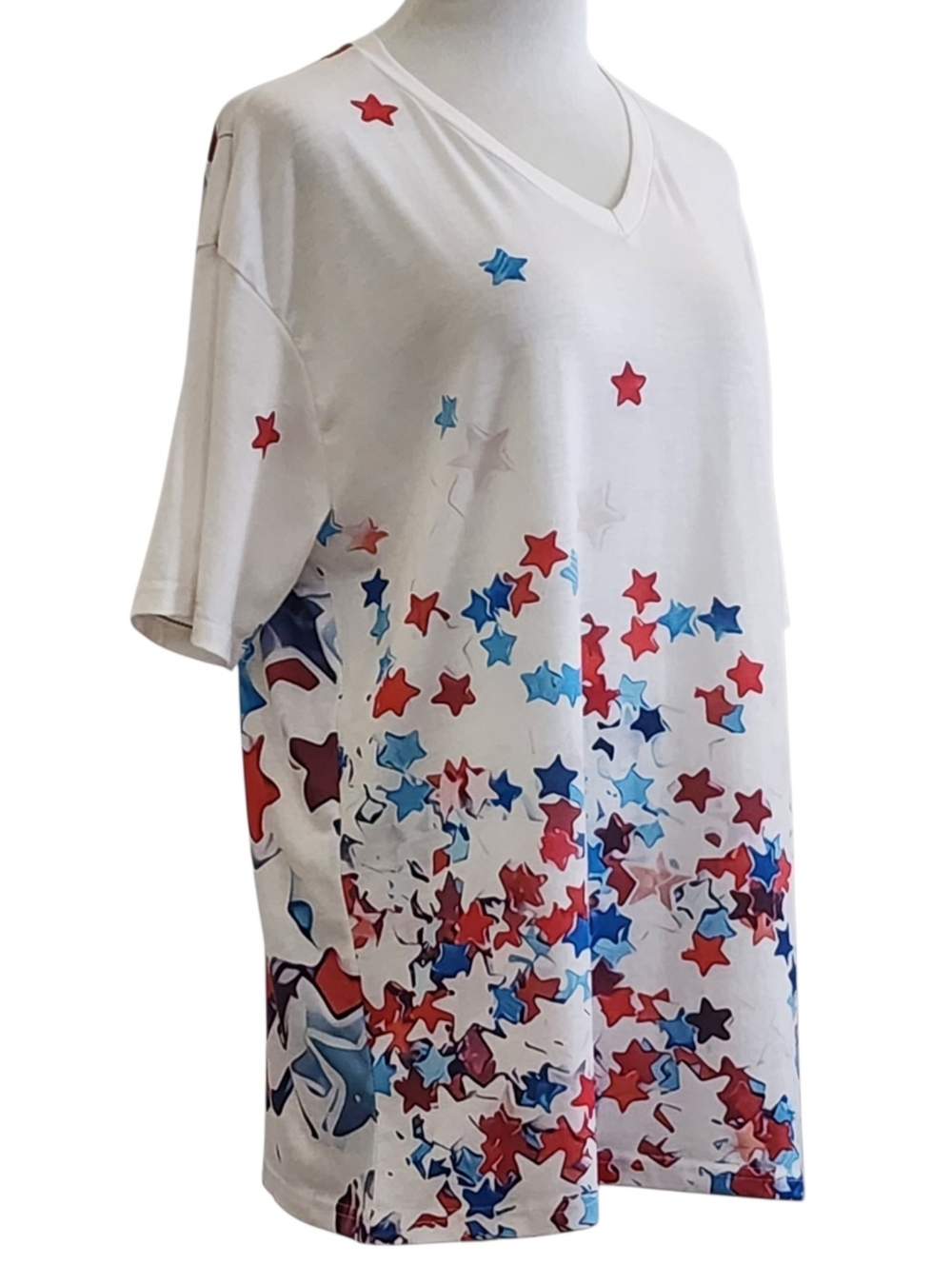 Patriotic white v-neck red white & blue star print soft fabric women’s top - Picture 5 of 11
